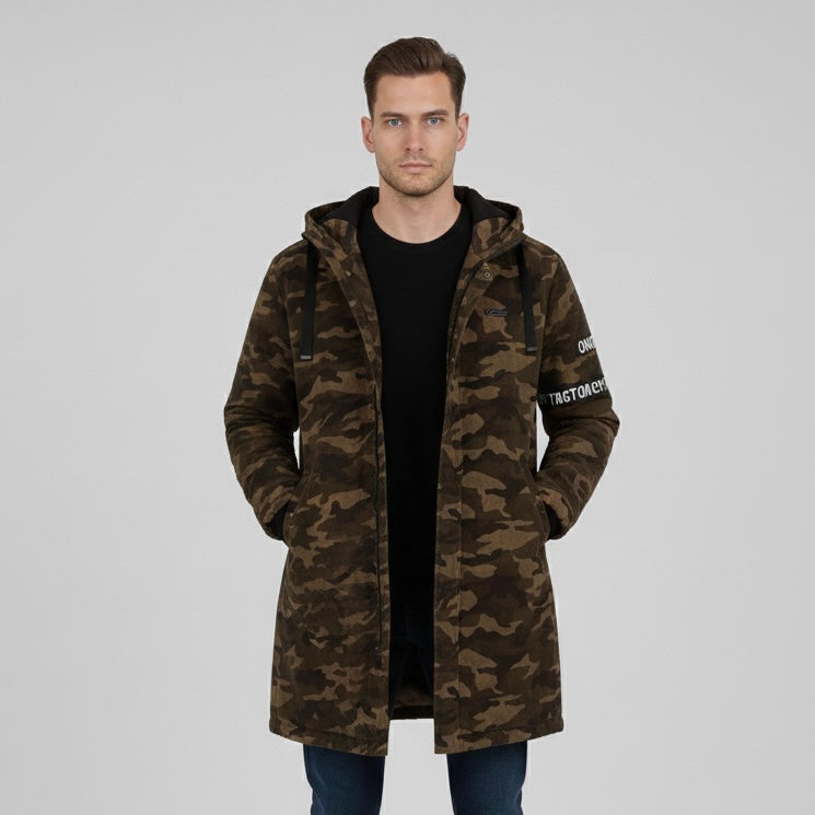 Military pattern Long Hood Coat (Unisex).                            Length: 38-39, Chest: 21-23, Sleeve: 24.5-25.5